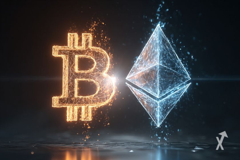 Bitcoin und Ethereum Logos.