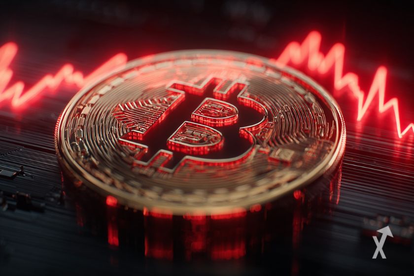 Bitcoin-Symbol in Orange auf Schwarz