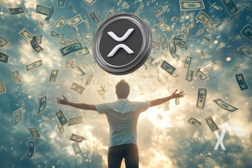 XRP Ripple Logo auf blauem Hintergrund.