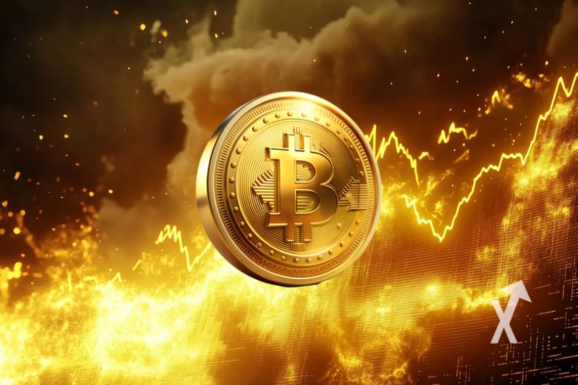 Bitcoin in Geldschein eingewickelt.