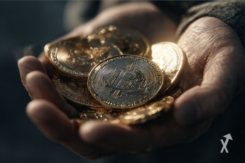 Bitcoin-Münzen in einer Hand