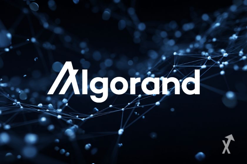 Algorand-Logo auf blauem Hintergrund.