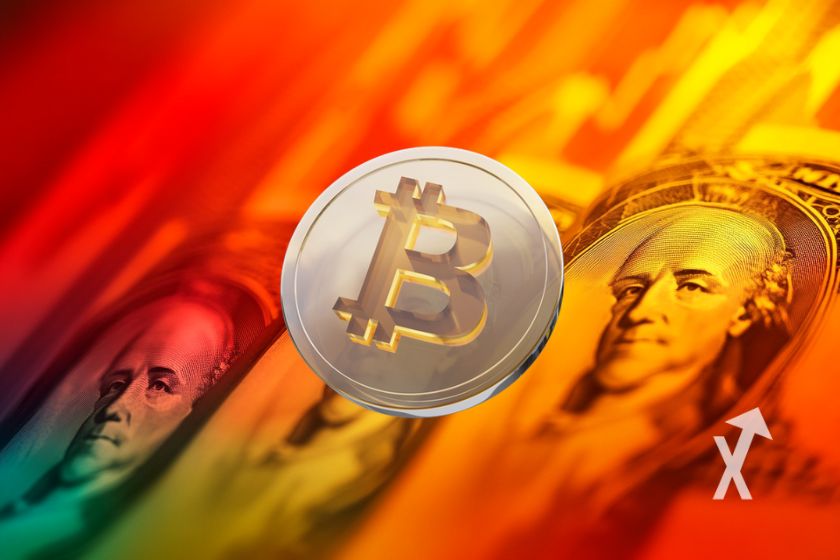 Bitcoin-Dollar-Wechselkurs auf blauem Hintergrund