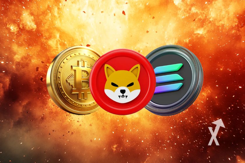 Kryptowährungen Bitcoin, Solana und Shiba Inu.