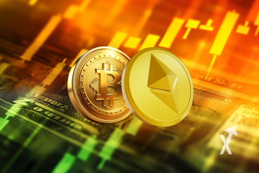 Crypto Bitcoin auf blauem Hintergrund.