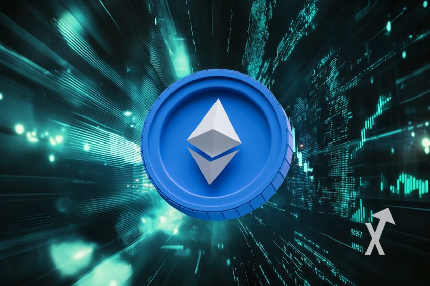 Ethereum Logo auf blauem Hintergrund stehen.