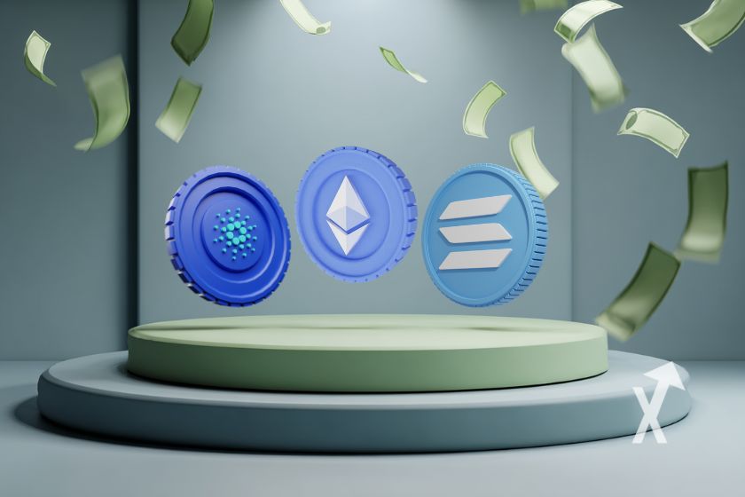 Drei führende Kryptowährungen bis 2025: ETH, SOL, ADA.