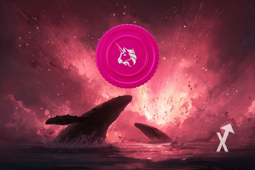 Krypto-Währung UniSwap auf blauem Hintergrund.