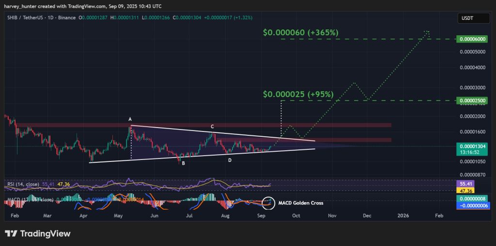 SHIB // USD 1-day chart, symmetrical triangle pattern. Source: TradingView.
