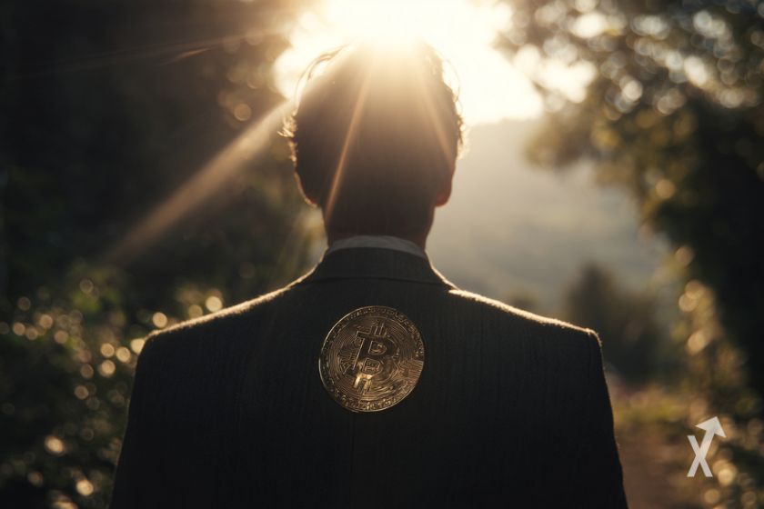 Mann in der Sonne mit Bitcoin-Münze.