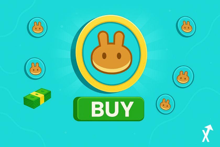 "Großer PancakeSwap Token umgeben von Cake-Tokens"