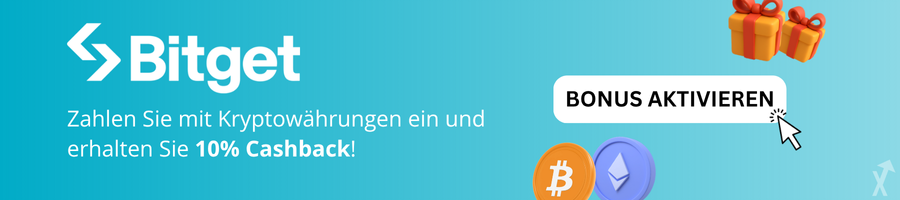 Bitget-Banner mit 10 % Cashback-Bonus auf blauem Hintergrund und einer Schaltfläche „Bonus aktivieren”, umgeben von Geschenken und zwei Tokens