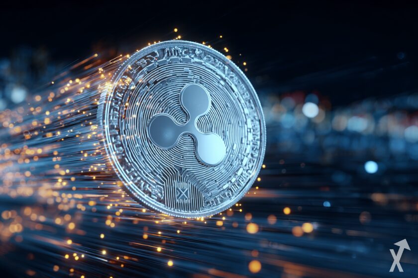 XRP Coin auf schwarzem Hintergrund.