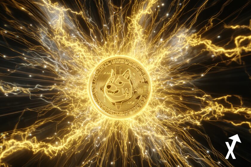 Dogecoin-Token umgeben von gelbem Blitzlicht.