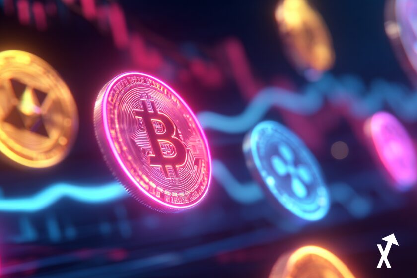 "Kryptowährungen schweben in futuristischer Umgebung"