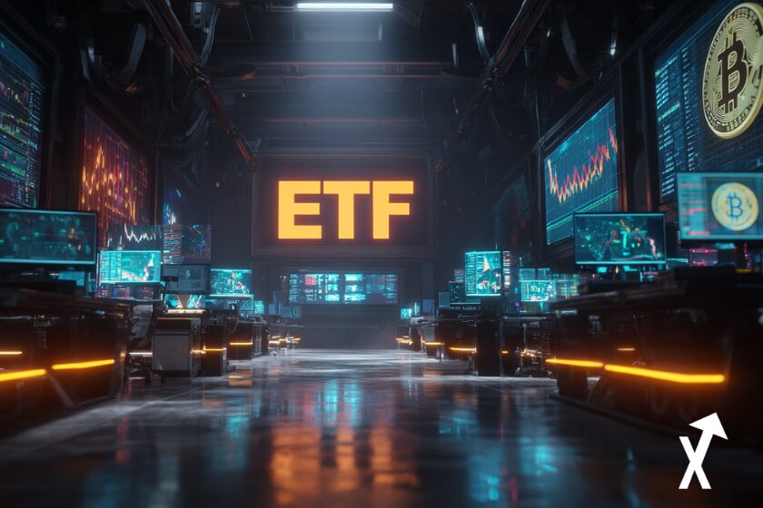 55 Kryptowährungs-ETFs in den USA, Darstellung eines Finanzdiagramms mit Bitcoin- und Ethereum-Symbolen, amerikanische Flagge im Hintergrund, moderne digitale Illustration, futuristischer Stil,