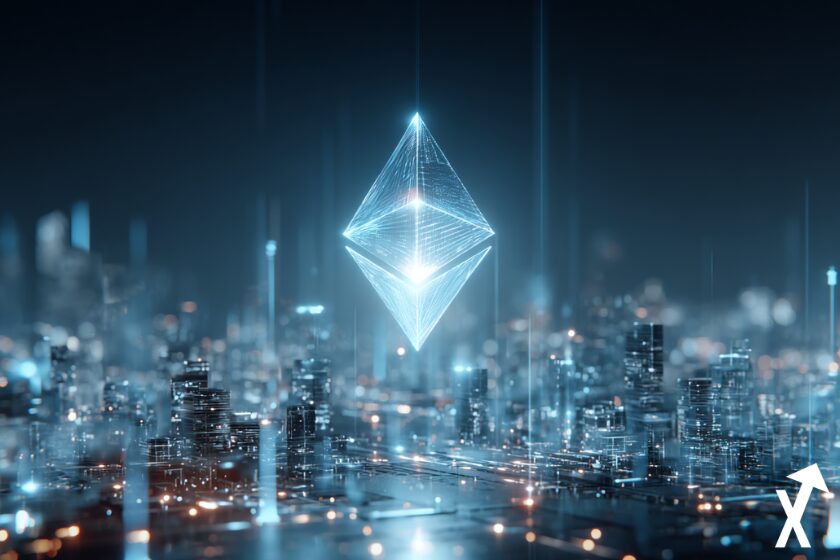 "Futuristische Ethereum-Blockchain mit leuchtendem ETH-Logo."