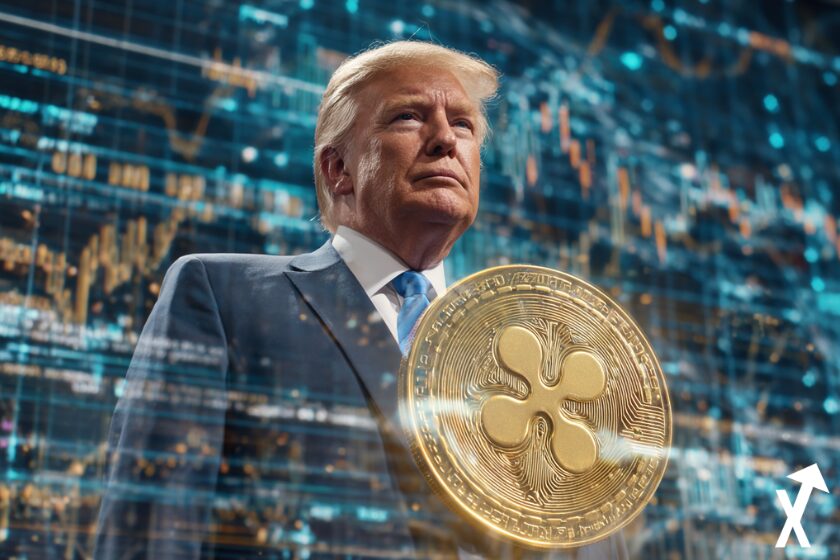 "XRP Trump-Sur-Trend auf blauem Hintergrund"
