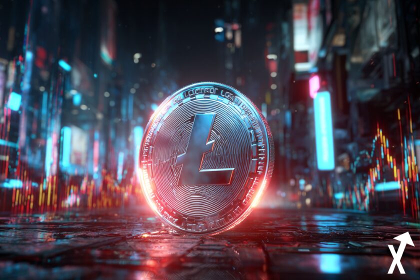 Leuchtendes Litecoin in futuristischer digitaler Stadt.