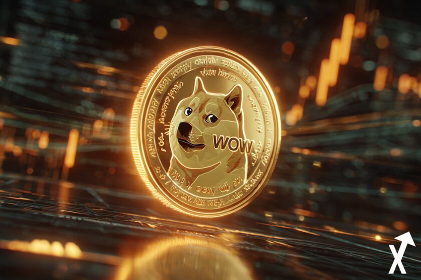"Glänzende Dogecoin in futuristischer Umgebung."