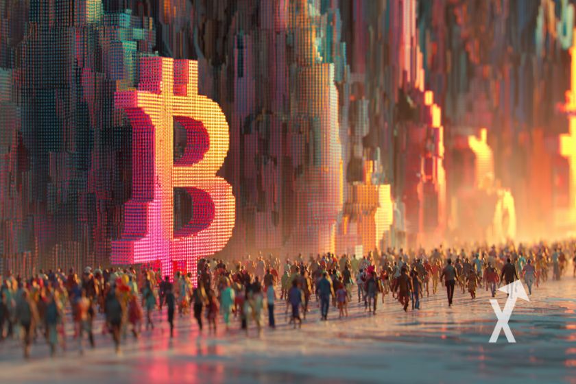 Bitcoin auf Wand mit Menschenmenge.