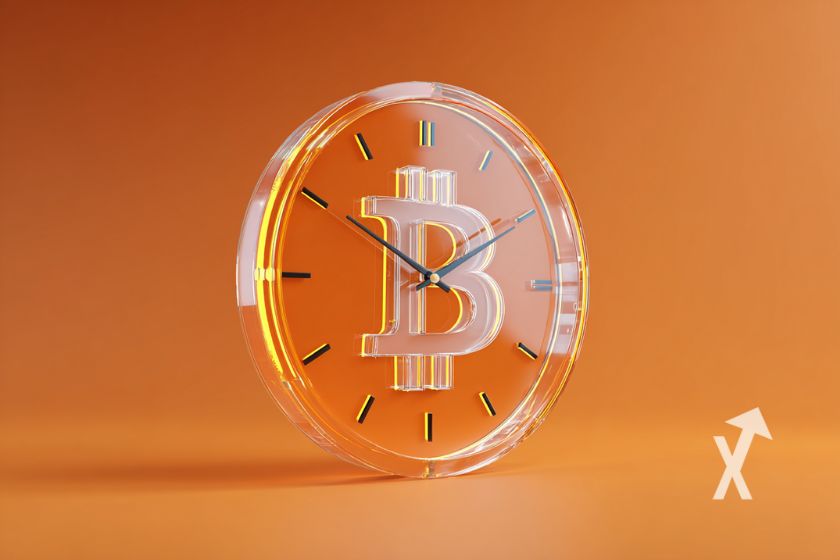 Bitcoin Uhr auf orangefarbenem Hintergrund.