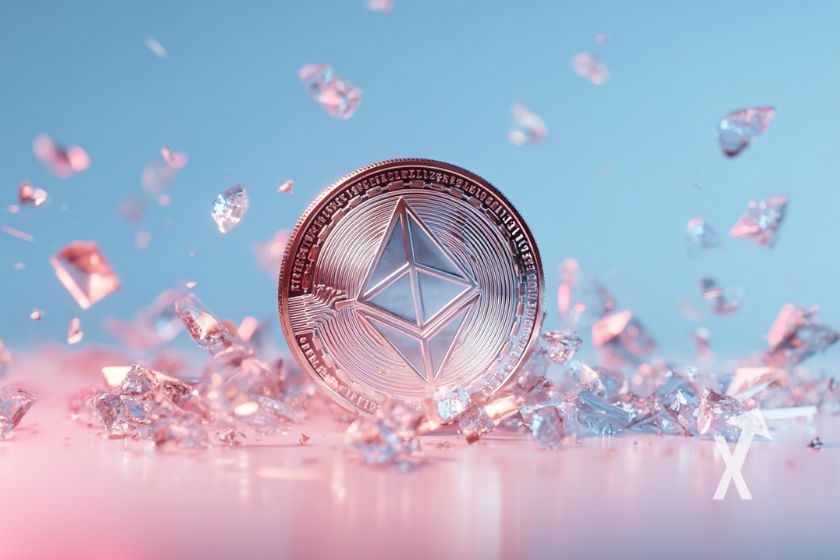 "3D Bitcoin Münze auf rosa und blauem Hintergrund"