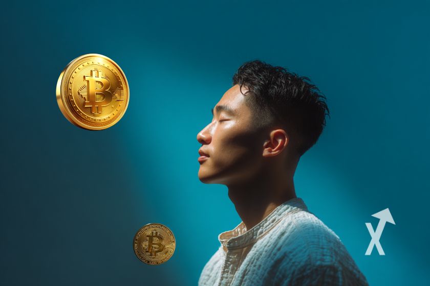 Asiatischer Mann mit Bitcoins auf blauem Hintergrund.