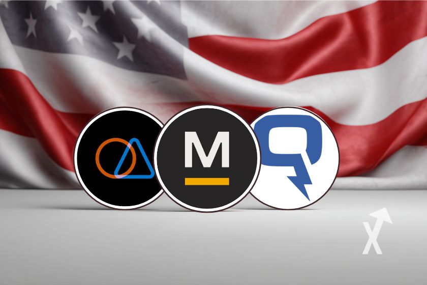 3 Aktienmarken vor US-Flagge Translated: 3 stock tokens in front of US flag.