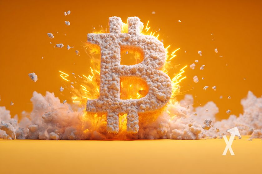 Bitcoin-Logo mit Explosion und Blitzen.