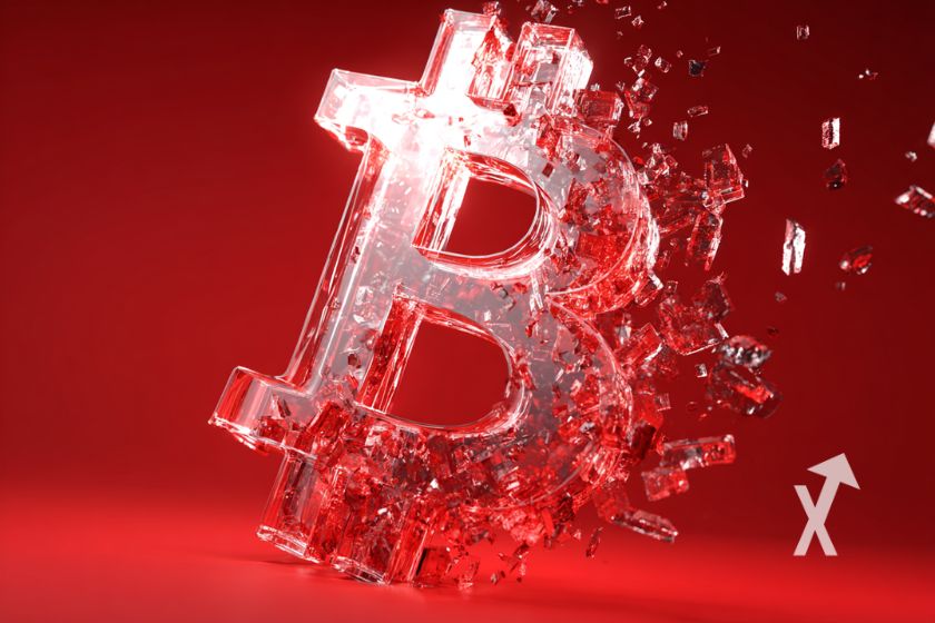"Bitcoin-Logo zerbricht auf rotem Hintergrund" Please note: "Standard German" is the official language in Germany, Austria and Liechtenstein.