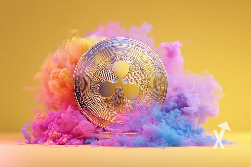 XRP-Münze in 3D mit buntem Rauch.