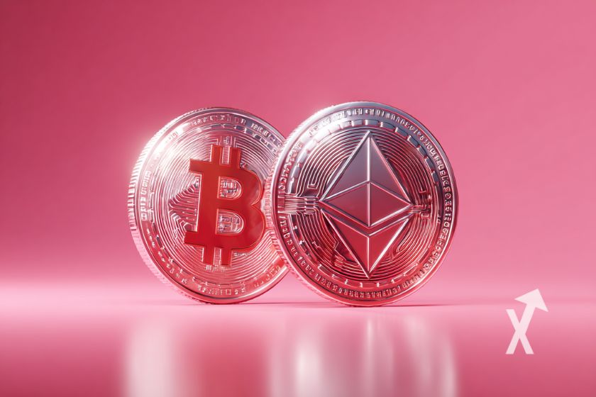 3D-Bitcoin und Ethereum-Münzen auf Rosa.
