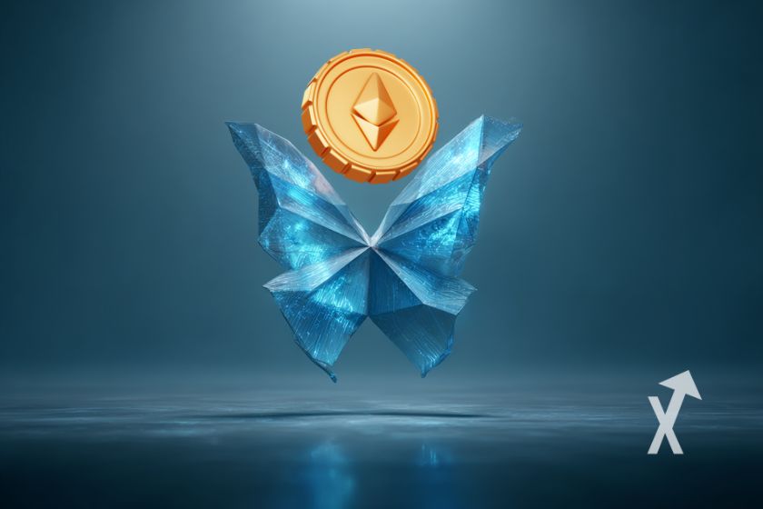 Blauer Schmetterling mit Ethereum-Token auf blauem Hintergrund.