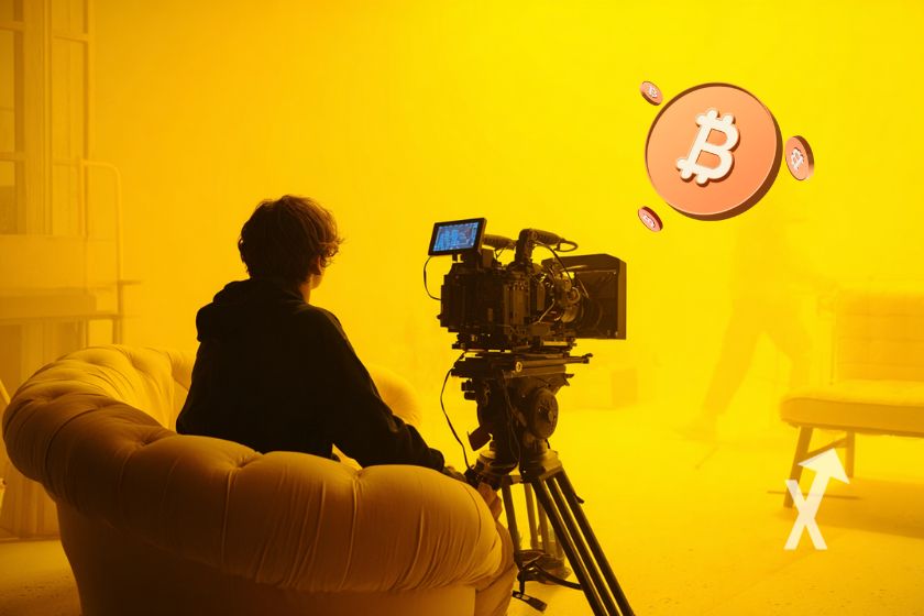 Fotograf mit Kamera und Bitcoin-Logo.