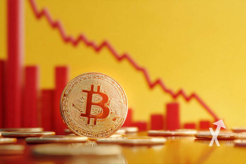 Bitcoin Münze mit roter Trendlinie.