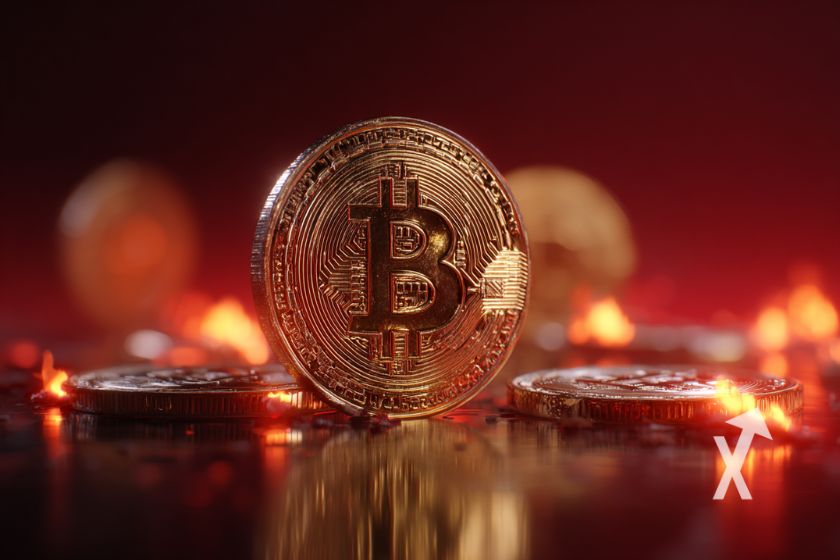 "Bitcoin Münzen in 3D mit rotem Hintergrund und Flammen"