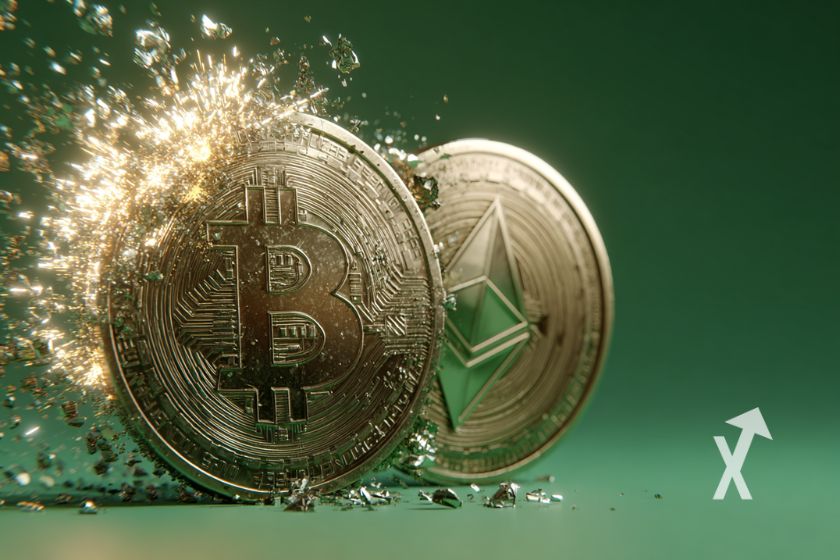 Bitcoin und Ethereum Münze in 3D.