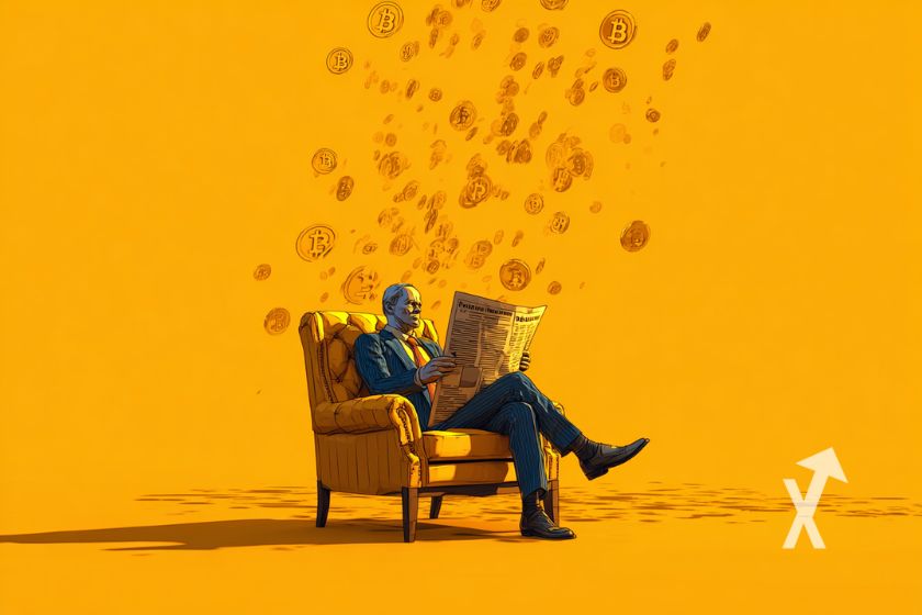 Mann mit Bitcoin über Kopf. (Man with Bitcoin above head.)