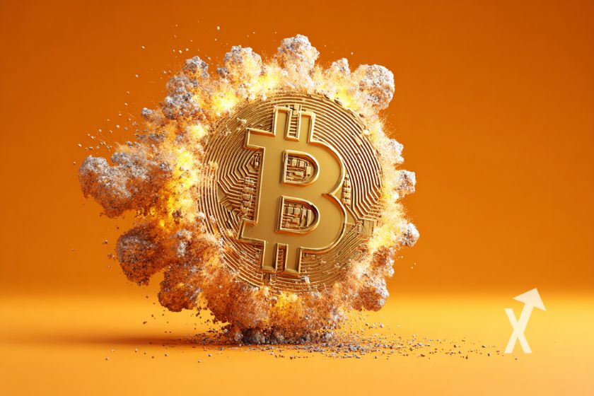 Bitcoin-Münze in Explosion auf orangefarbenem Hintergrund.