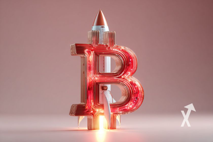 SpaceX-Rakete mit rotem Bitcoin-Symbol.
