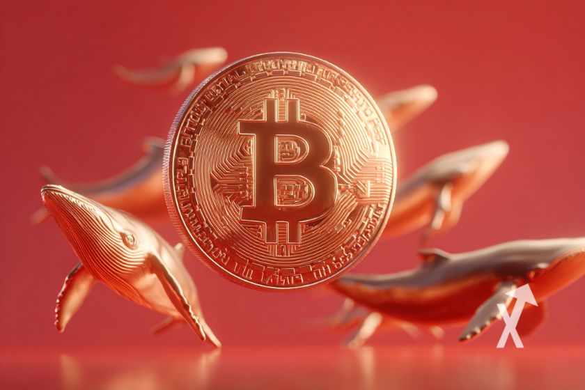 Bitcoin-Goldfisch auf rotem Hintergrund.