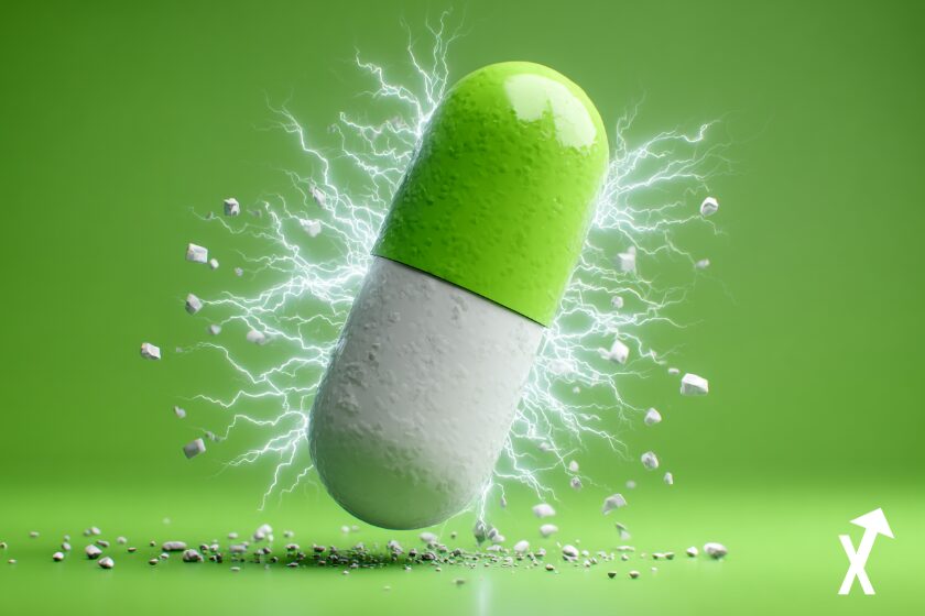Grüne und weiße Spaßmünztabletten, Kryptowährung auf grasgrünem Hintergrund.