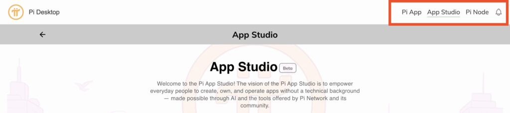 Das Interface der Pi Network Desktop-Website mit rot umrahmtem App Studio