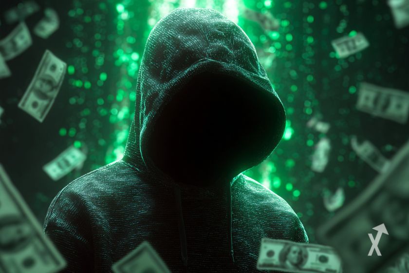 Grünes Hintergrundbild mit Kapuzenpulli und Geldbündeln.