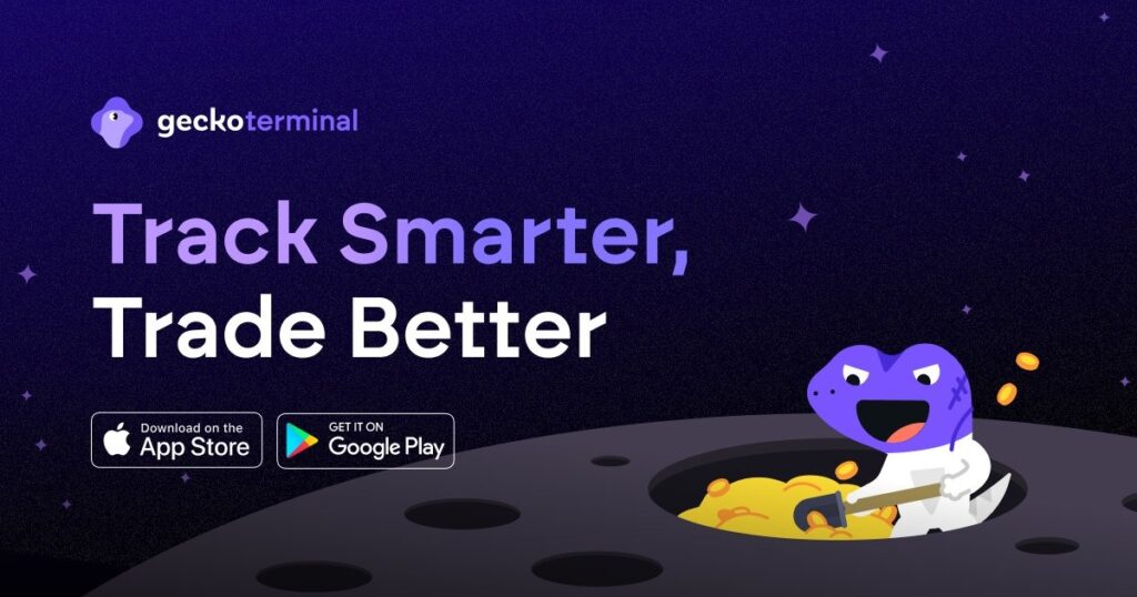 Ein Werbebanner von GeckoTerminal auf dem Mond mit den Logos von App Store und Google Play