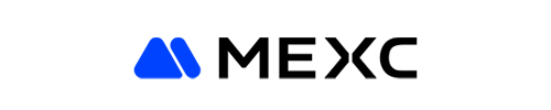 MEXC-Logo mit schwarzer Schrift und blauem Symbol auf weißem Hintergrund.