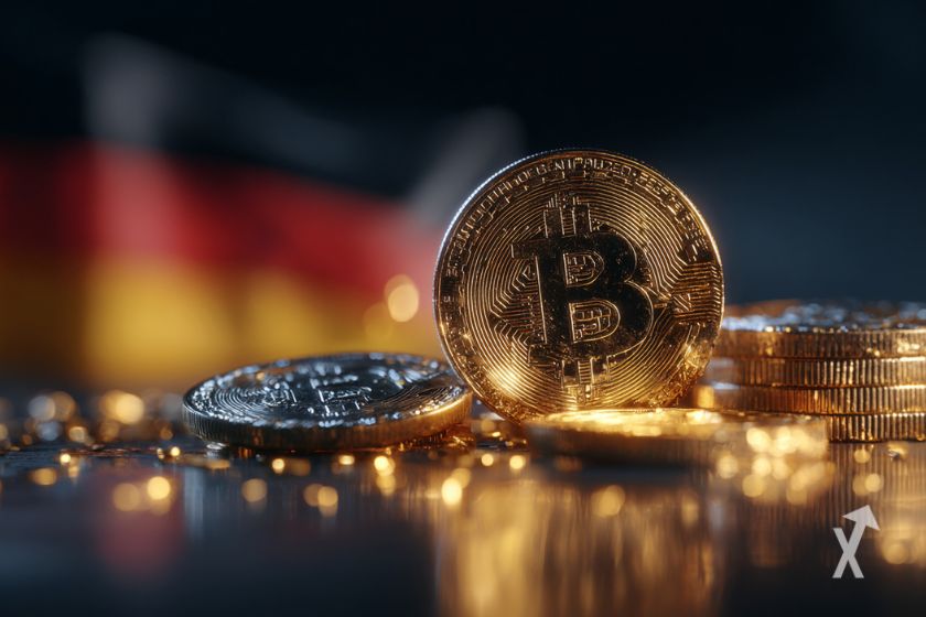 Deutsch Flagge mit Bitcoin-Münzen umgeben.