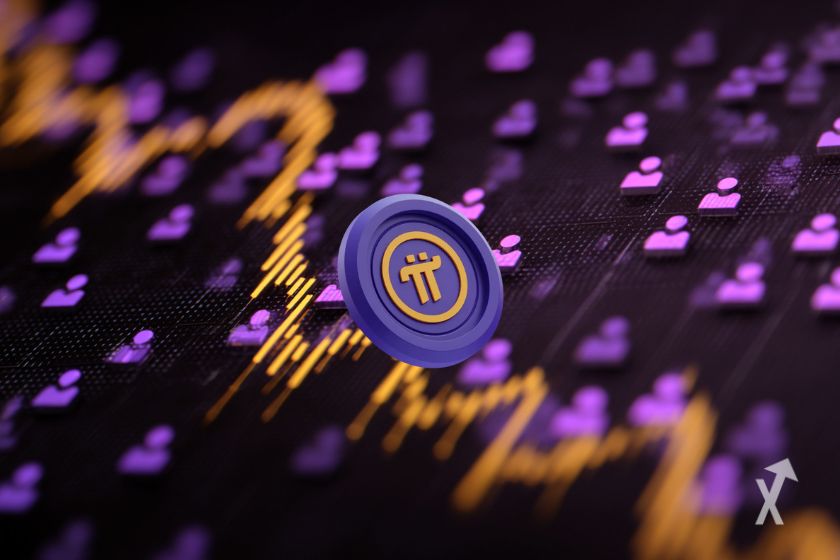 "Lila Benutzericons, Abwärtstrenddiagramm, Pi Network-Logo"
