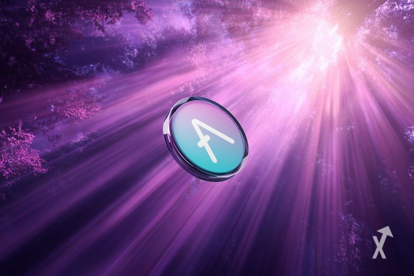 AAVE-Token von Sonnenlicht beleuchtet im violetten Wald Keyword: AAVE-Token, Sonnenlicht, Wald, violett